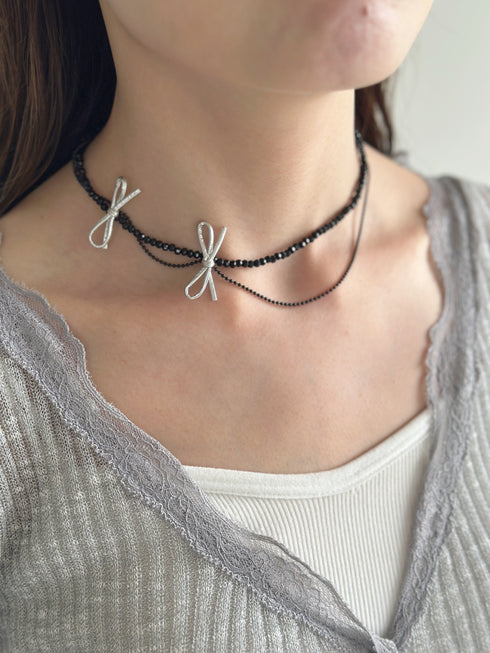 ポイントリボンビーズチョーカーネックレス-point ribbon beads choker necklace- | SW4241512 | ブラック