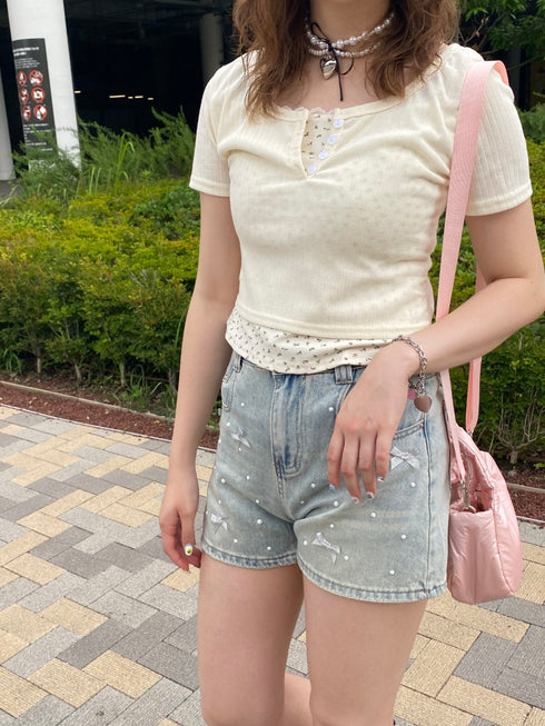 リボンパールデニムショートパンツ | SL2242635 | ブルー