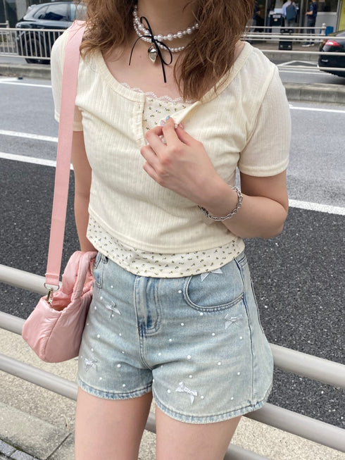 リボンパールデニムショートパンツ | SL2242635 | ブルー