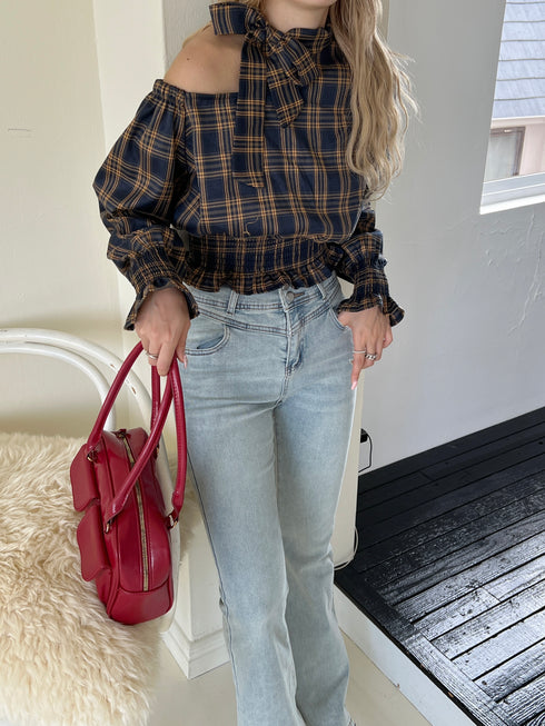 ワンショルダーチェックトップス | SL2243655 | ネイビー