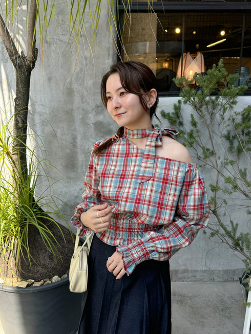 ワンショルダーチェックトップス | SL2243655 | レッド