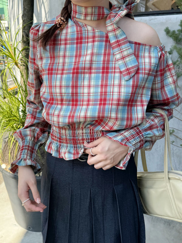 ワンショルダーチェックトップス | SL2243655 | レッド