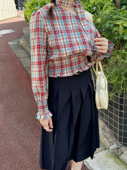 ワンショルダーチェックトップス | SL2243655 | レッド