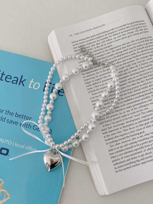 2連パールハートリボンネックレス | SL4233616 | ホワイト