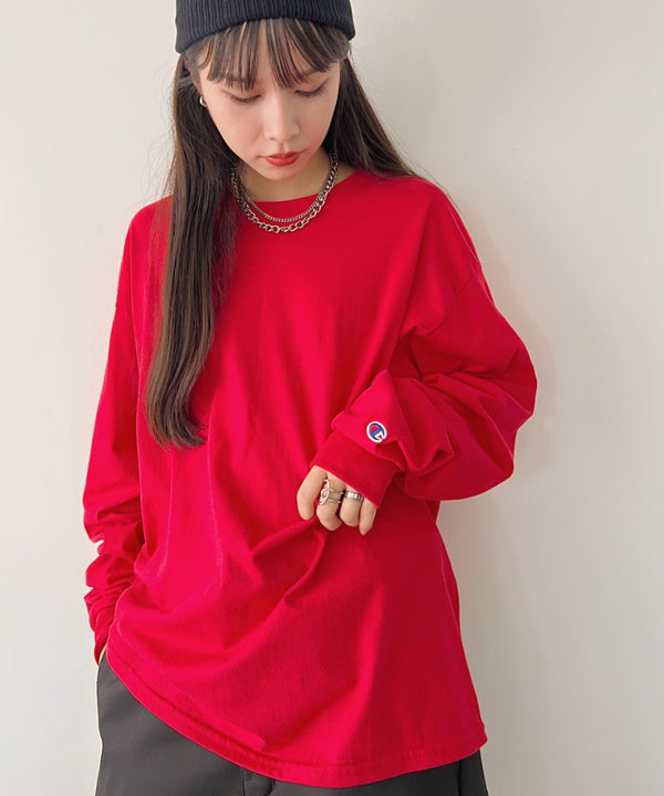 Champion Authentic LONGSLEEVE T-SHIRTS チャンピオン ベーシック ロンT ワンポイント オーバーサイズ サイズ展開多数 5.2オンス L/S 長袖Tシャツ/CC8C | 2193058 | レッド