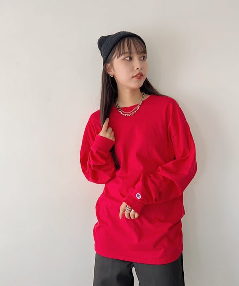 Champion Authentic LONGSLEEVE T-SHIRTS チャンピオン ベーシック ロンT ワンポイント オーバーサイズ サイズ展開多数 5.2オンス L/S 長袖Tシャツ/CC8C | 2193058 | レッド