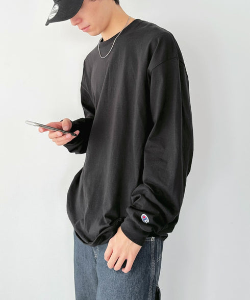 Champion Authentic LONGSLEEVE T-SHIRTS チャンピオン ベーシック ロンT ワンポイント オーバーサイズ サイズ展開多数 5.2オンス L/S 長袖Tシャツ/CC8C | 2193058 | ブラック