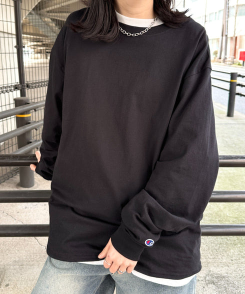 Champion Authentic LONGSLEEVE T-SHIRTS チャンピオン ベーシック ロンT ワンポイント オーバーサイズ サイズ展開多数 5.2オンス L/S 長袖Tシャツ/CC8C | 2193058 | ブラック