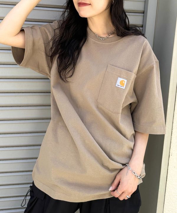 Carhartt(カーハート) /USA規格 ヘビーウェイト ルーズフィット ポケT ビッグサイズ オーバーサイズ ユニセックス ポケット付き コットン 半袖 Tシャツ 5部袖 1/2スリーブ | L2202001 | ベージュ
