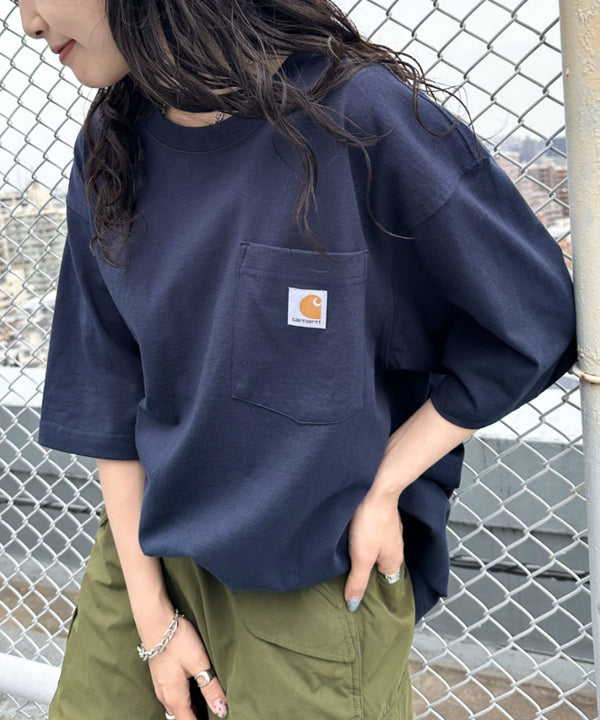 Carhartt(カーハート) /USA規格 ヘビーウェイト ルーズフィット ポケT ビッグサイズ オーバーサイズ ユニセックス ポケット付き コットン 半袖 Tシャツ 5部袖 1/2スリーブ | L2202001 | ネイビー