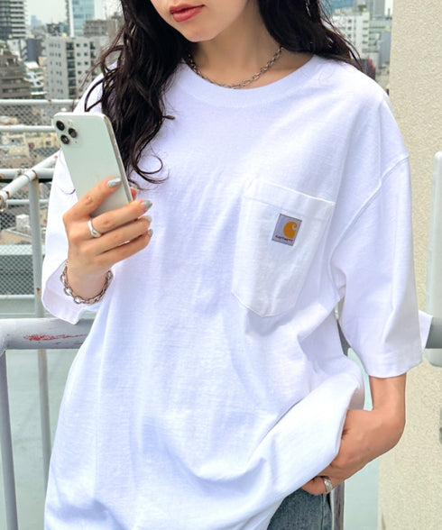 Carhartt(カーハート) /USA規格 ヘビーウェイト ルーズフィット ポケT ビッグサイズ オーバーサイズ ユニセックス ポケット付き コットン 半袖 Tシャツ 5部袖 1/2スリーブ | L2202001 | ホワイト