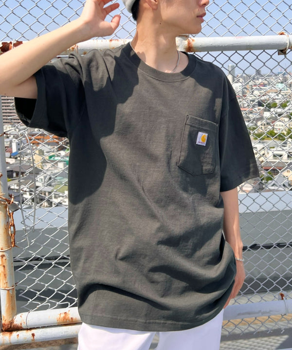 Carhartt(カーハート) /USA規格 ヘビーウェイト ルーズフィット ポケT ビッグサイズ オーバーサイズ ユニセックス ポケット付き コットン 半袖 Tシャツ 5部袖 1/2スリーブ | L2202001 | オリーブ