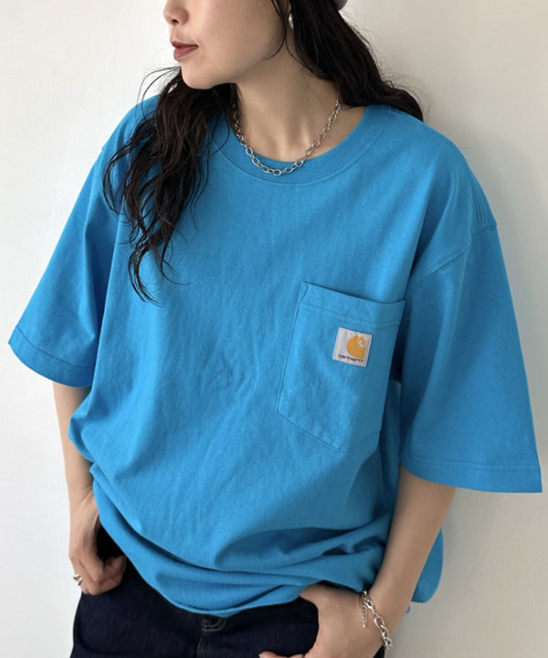 Carhartt(カーハート) /USA規格 ヘビーウェイト ルーズフィット ポケT ビッグサイズ オーバーサイズ ユニセックス ポケット付き コットン 半袖 Tシャツ 5部袖 1/2スリーブ | L2202001 | ターコイズブルー