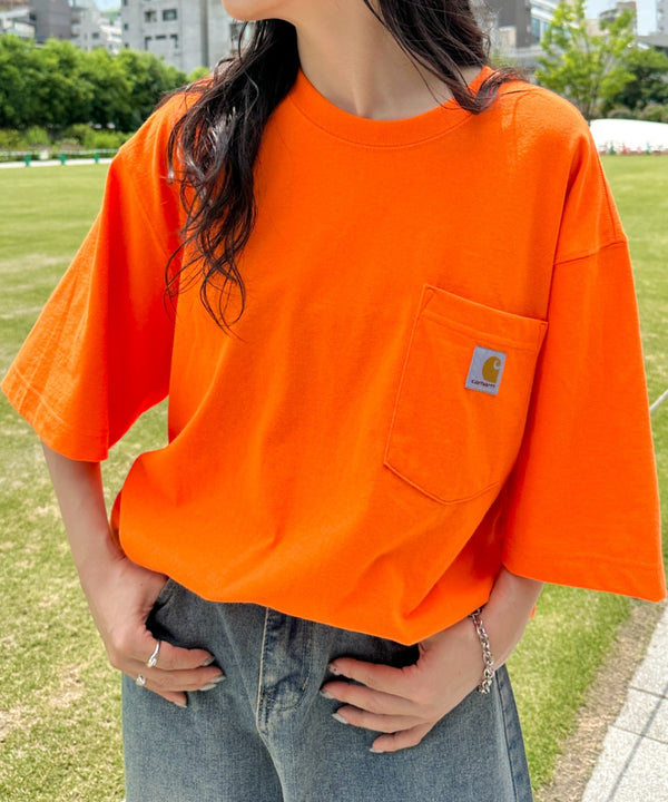 Carhartt(カーハート) /USA規格 ヘビーウェイト ルーズフィット ポケT ビッグサイズ オーバーサイズ ユニセックス ポケット付き コットン 半袖 Tシャツ 5部袖 1/2スリーブ | L2202001 | オレンジ