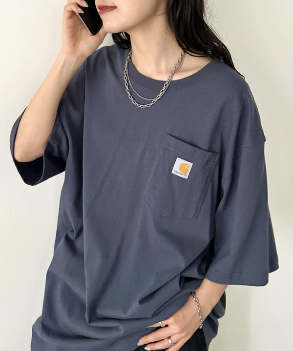 Carhartt(カーハート) /USA規格 ヘビーウェイト ルーズフィット ポケT ビッグサイズ オーバーサイズ ユニセックス ポケット付き コットン 半袖 Tシャツ 5部袖 1/2スリーブ | L2202001 | ブルー