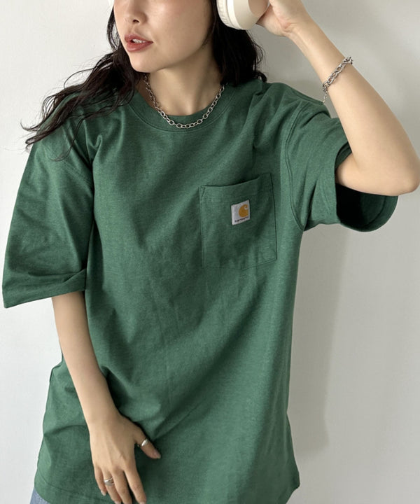 Carhartt(カーハート) /USA規格 ヘビーウェイト ルーズフィット ポケT ビッグサイズ オーバーサイズ ユニセックス ポケット付き コットン 半袖 Tシャツ 5部袖 1/2スリーブ | L2202001 | グリーン