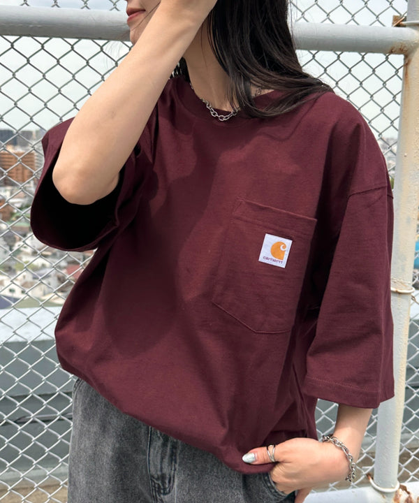 Carhartt(カーハート) /USA規格 ヘビーウェイト ルーズフィット ポケT ビッグサイズ オーバーサイズ ユニセックス ポケット付き コットン 半袖 Tシャツ 5部袖 1/2スリーブ | L2202001 | ワインレッド