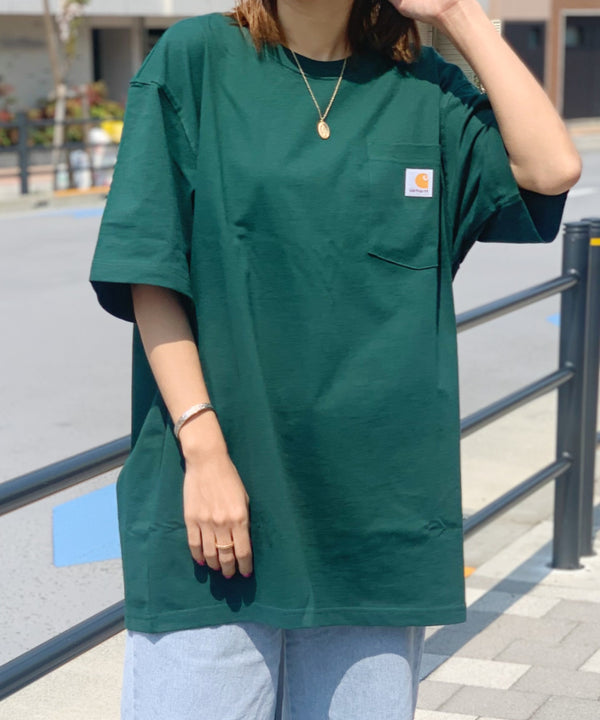 Carhartt(カーハート) /USA規格 ヘビーウェイト ルーズフィット ポケT ビッグサイズ オーバーサイズ ユニセックス ポケット付き コットン 半袖 Tシャツ 5部袖 1/2スリーブ | L2202001 | ダークグリーン