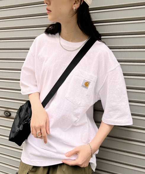 Carhartt(カーハート) /USA規格 ヘビーウェイト ルーズフィット ポケT ビッグサイズ オーバーサイズ ユニセックス ポケット付き コットン 半袖 Tシャツ 5部袖 1/2スリーブ | L2202001 | ホワイト