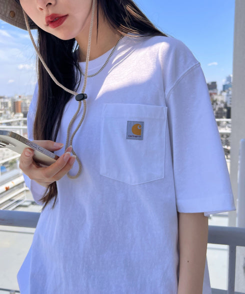 Carhartt(カーハート) /USA規格 ヘビーウェイト ルーズフィット ポケT ビッグサイズ オーバーサイズ ユニセックス ポケット付き コットン 半袖 Tシャツ 5部袖 1/2スリーブ | L2202001 | ホワイト