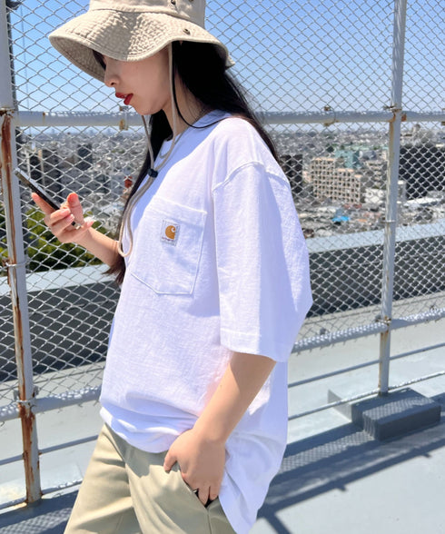 Carhartt(カーハート) /USA規格 ヘビーウェイト ルーズフィット ポケT ビッグサイズ オーバーサイズ ユニセックス ポケット付き コットン 半袖 Tシャツ 5部袖 1/2スリーブ | L2202001 | ホワイト