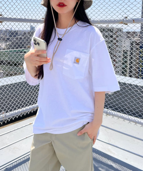 Carhartt(カーハート) /USA規格 ヘビーウェイト ルーズフィット ポケT ビッグサイズ オーバーサイズ ユニセックス ポケット付き コットン 半袖 Tシャツ 5部袖 1/2スリーブ | L2202001 | ホワイト
