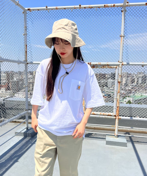 Carhartt(カーハート) /USA規格 ヘビーウェイト ルーズフィット ポケT ビッグサイズ オーバーサイズ ユニセックス ポケット付き コットン 半袖 Tシャツ 5部袖 1/2スリーブ | L2202001 | ホワイト