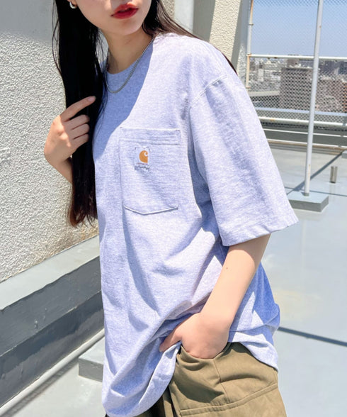 Carhartt(カーハート) /USA規格 ヘビーウェイト ルーズフィット ポケT ビッグサイズ オーバーサイズ ユニセックス ポケット付き コットン 半袖 Tシャツ 5部袖 1/2スリーブ | L2202001 | グレー