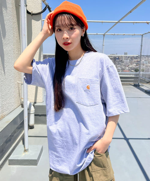 Carhartt(カーハート) /USA規格 ヘビーウェイト ルーズフィット ポケT ビッグサイズ オーバーサイズ ユニセックス ポケット付き コットン 半袖 Tシャツ 5部袖 1/2スリーブ | L2202001 | グレー