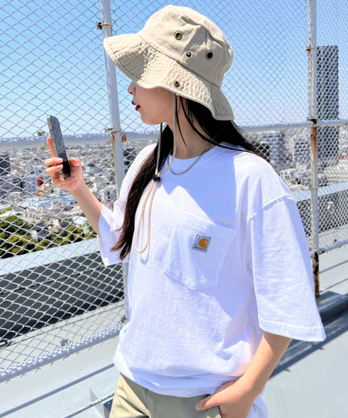 Carhartt(カーハート) /USA規格 ヘビーウェイト ルーズフィット ポケT ビッグサイズ オーバーサイズ ユニセックス ポケット付き コットン 半袖 Tシャツ 5部袖 1/2スリーブ | L2202001 | ホワイト