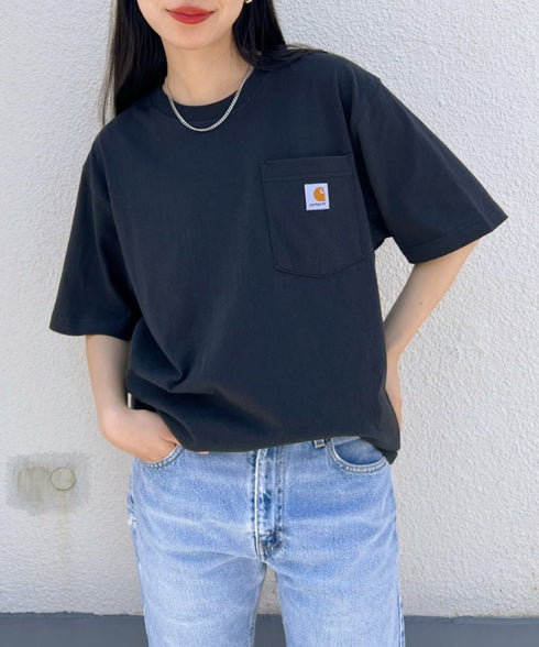 Carhartt(カーハート) /USA規格 ヘビーウェイト ルーズフィット ポケT ビッグサイズ オーバーサイズ ユニセックス ポケット付き コットン 半袖 Tシャツ 5部袖 1/2スリーブ | L2202001 | ブラック