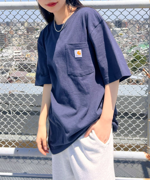 Carhartt(カーハート) /USA規格 ヘビーウェイト ルーズフィット ポケT ビッグサイズ オーバーサイズ ユニセックス ポケット付き コットン 半袖 Tシャツ 5部袖 1/2スリーブ | L2202001 | ネイビー