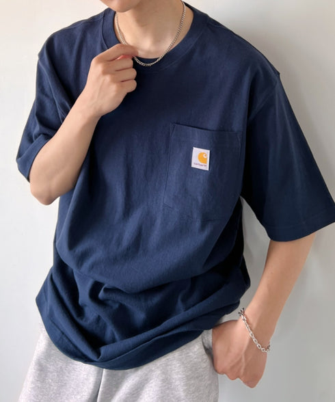 Carhartt(カーハート) /USA規格 ヘビーウェイト ルーズフィット ポケT ビッグサイズ オーバーサイズ ユニセックス ポケット付き コットン 半袖 Tシャツ 5部袖 1/2スリーブ | L2202001 | ネイビー