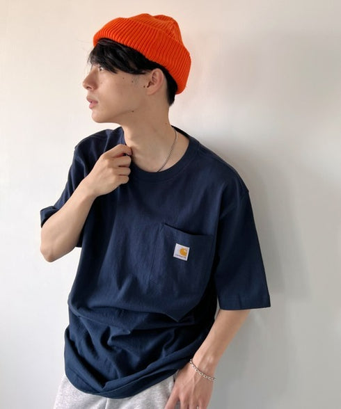 Carhartt(カーハート) /USA規格 ヘビーウェイト ルーズフィット ポケT ビッグサイズ オーバーサイズ ユニセックス ポケット付き コットン 半袖 Tシャツ 5部袖 1/2スリーブ | L2202001 | ネイビー