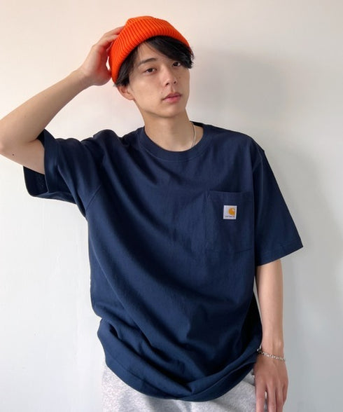 Carhartt(カーハート) /USA規格 ヘビーウェイト ルーズフィット ポケT ビッグサイズ オーバーサイズ ユニセックス ポケット付き コットン 半袖 Tシャツ 5部袖 1/2スリーブ | L2202001 | ネイビー