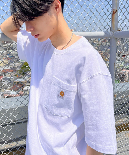 Carhartt(カーハート) /USA規格 ヘビーウェイト ルーズフィット ポケT ビッグサイズ オーバーサイズ ユニセックス ポケット付き コットン 半袖 Tシャツ 5部袖 1/2スリーブ | L2202001 | ホワイト