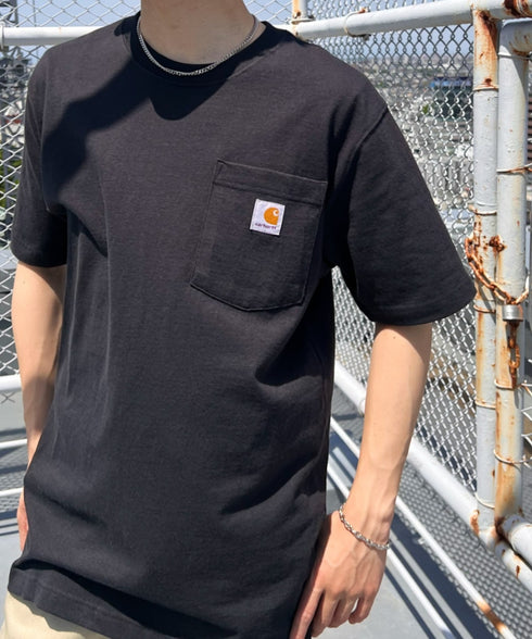 Carhartt(カーハート) /USA規格 ヘビーウェイト ルーズフィット ポケT ビッグサイズ オーバーサイズ ユニセックス ポケット付き コットン 半袖 Tシャツ 5部袖 1/2スリーブ | L2202001 | ブラック