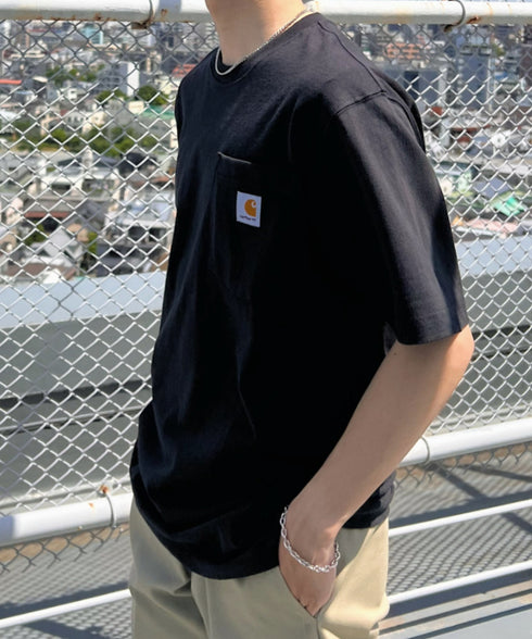 Carhartt(カーハート) /USA規格 ヘビーウェイト ルーズフィット ポケT ビッグサイズ オーバーサイズ ユニセックス ポケット付き コットン 半袖 Tシャツ 5部袖 1/2スリーブ | L2202001 | ブラック