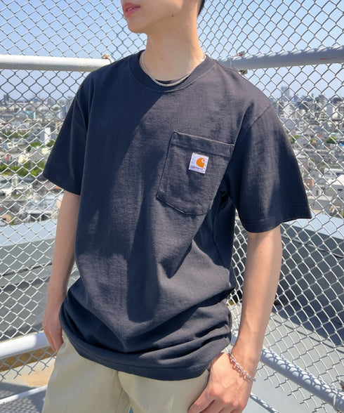 Carhartt(カーハート) /USA規格 ヘビーウェイト ルーズフィット ポケT ビッグサイズ オーバーサイズ ユニセックス ポケット付き コットン 半袖 Tシャツ 5部袖 1/2スリーブ | L2202001 | ブラック