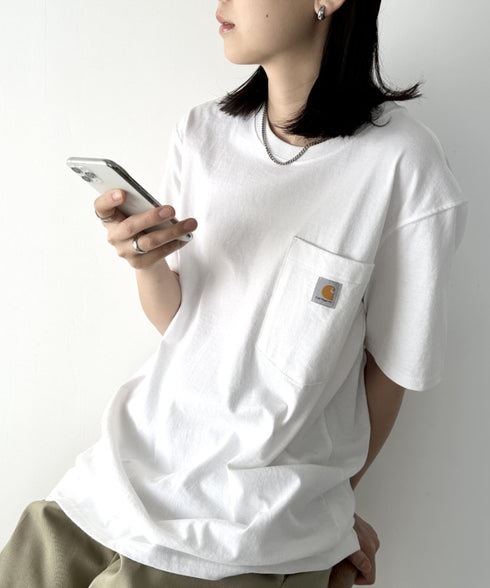 Carhartt(カーハート) /USA規格 ヘビーウェイト ルーズフィット ポケT ビッグサイズ オーバーサイズ ユニセックス ポケット付き コットン 半袖 Tシャツ 5部袖 1/2スリーブ | L2202001 | ホワイト