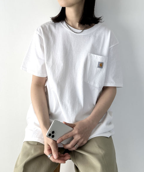 Carhartt(カーハート) /USA規格 ヘビーウェイト ルーズフィット ポケT ビッグサイズ オーバーサイズ ユニセックス ポケット付き コットン 半袖 Tシャツ 5部袖 1/2スリーブ | L2202001 | ホワイト