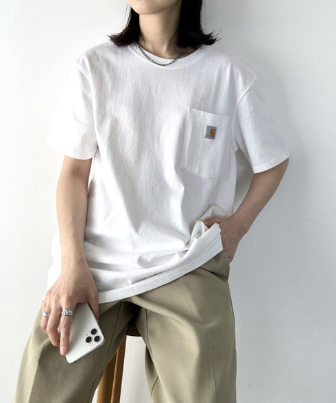Carhartt(カーハート) /USA規格 ヘビーウェイト ルーズフィット ポケT ビッグサイズ オーバーサイズ ユニセックス ポケット付き コットン 半袖 Tシャツ 5部袖 1/2スリーブ | L2202001 | ホワイト