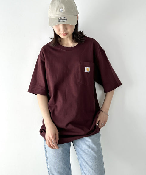 Carhartt(カーハート) /USA規格 ヘビーウェイト ルーズフィット ポケT ビッグサイズ オーバーサイズ ユニセックス ポケット付き コットン 半袖 Tシャツ 5部袖 1/2スリーブ | L2202001 | ワインレッド