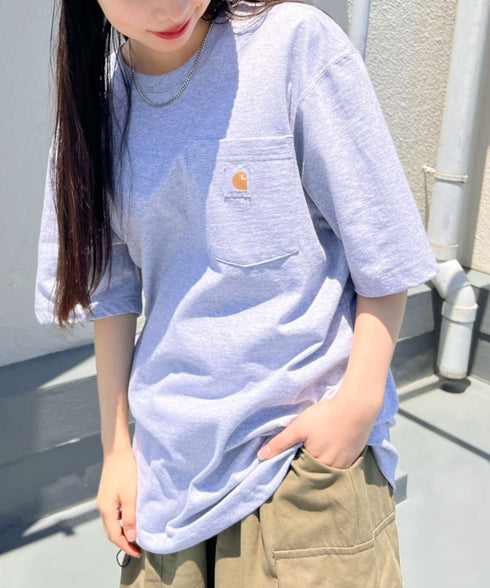 Carhartt(カーハート) /USA規格 ヘビーウェイト ルーズフィット ポケT ビッグサイズ オーバーサイズ ユニセックス ポケット付き コットン 半袖 Tシャツ 5部袖 1/2スリーブ | L2202001 | グレー