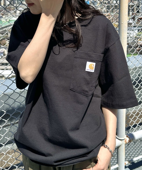 Carhartt(カーハート) /USA規格 ヘビーウェイト ルーズフィット ポケT ビッグサイズ オーバーサイズ ユニセックス ポケット付き コットン 半袖 Tシャツ 5部袖 1/2スリーブ | L2202001 | ブラック