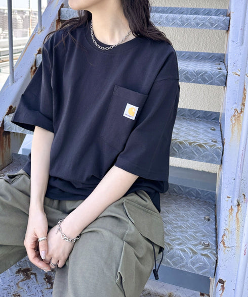 Carhartt(カーハート) /USA規格 ヘビーウェイト ルーズフィット ポケT ビッグサイズ オーバーサイズ ユニセックス ポケット付き コットン 半袖 Tシャツ 5部袖 1/2スリーブ | L2202001 | ブラック