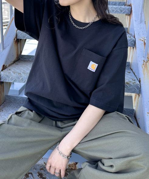 Carhartt(カーハート) /USA規格 ヘビーウェイト ルーズフィット ポケT ビッグサイズ オーバーサイズ ユニセックス ポケット付き コットン 半袖 Tシャツ 5部袖 1/2スリーブ | L2202001 | ブラック