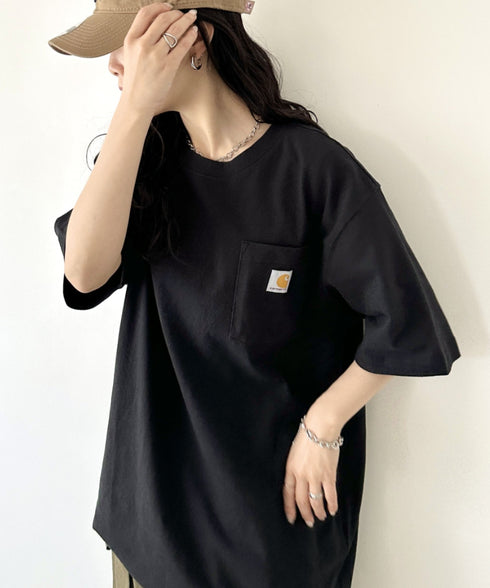 Carhartt(カーハート) /USA規格 ヘビーウェイト ルーズフィット ポケT ビッグサイズ オーバーサイズ ユニセックス ポケット付き コットン 半袖 Tシャツ 5部袖 1/2スリーブ | L2202001 | ブラック