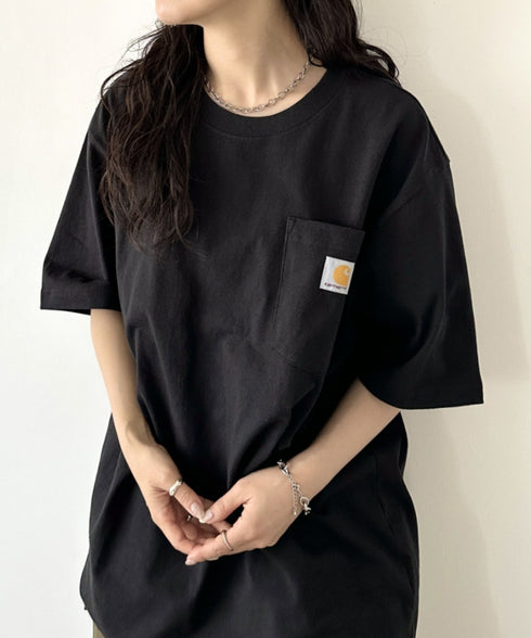Carhartt(カーハート) /USA規格 ヘビーウェイト ルーズフィット ポケT ビッグサイズ オーバーサイズ ユニセックス ポケット付き コットン 半袖 Tシャツ 5部袖 1/2スリーブ | L2202001 | ブラック