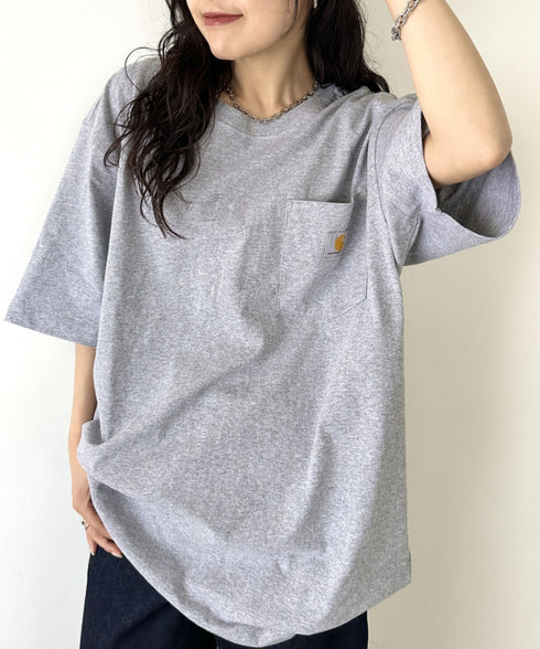 Carhartt(カーハート) /USA規格 ヘビーウェイト ルーズフィット ポケT ビッグサイズ オーバーサイズ ユニセックス ポケット付き コットン 半袖 Tシャツ 5部袖 1/2スリーブ | L2202001 | グレー